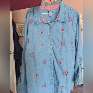 Liz & Me Denim Shirt with Pink Floral Trim